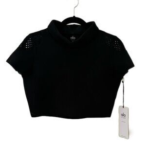 Alo Yoga In Shape Short Sleeve Scuba Cowl Neck Crop Top Black